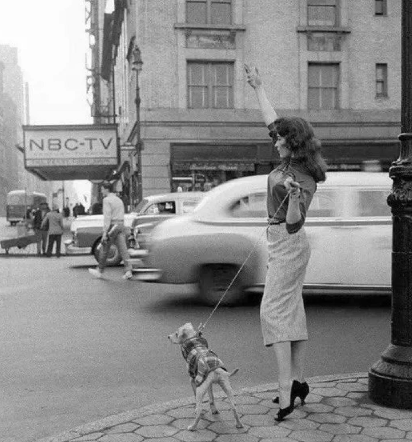 1956年，一名女子在纽约街头拦出租车。